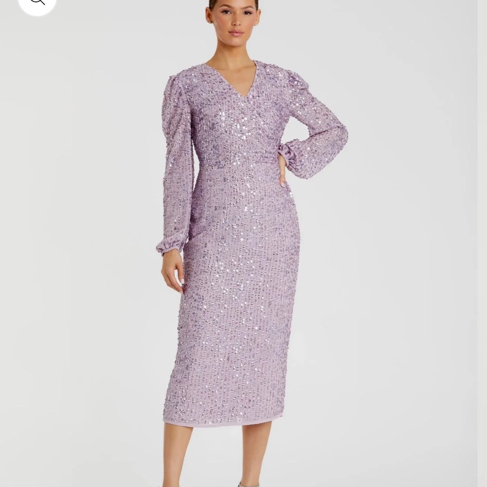 NWT MAC DUGGAL Sequin Long Sleeve Cocktail Sheath Dress Lavender SZ 2